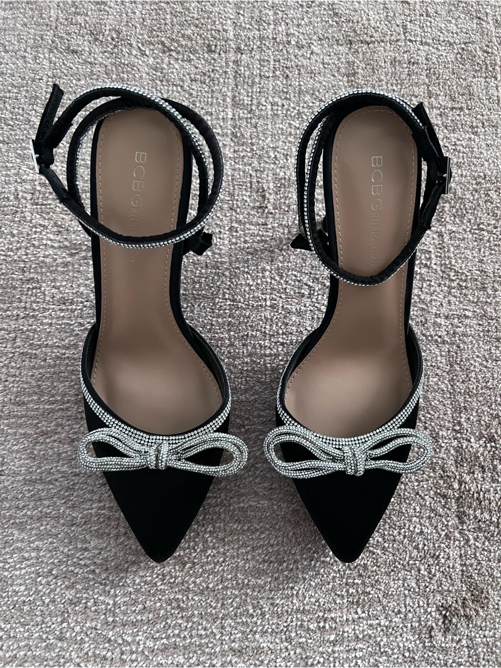 BCBG Black Pointed Toe Ankle-Strap Heels with Crystal Bow